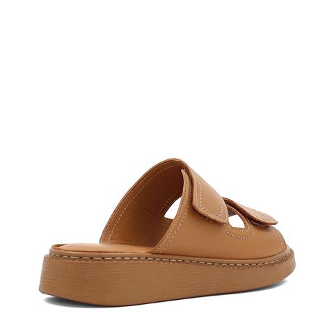 Kadın Taba Çift Bantlı Önü Cırt Cırtlı Deri Terlik