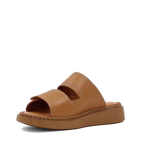 Kadın Taba Çift Bantlı Önü Cırt Cırtlı Deri Terlik