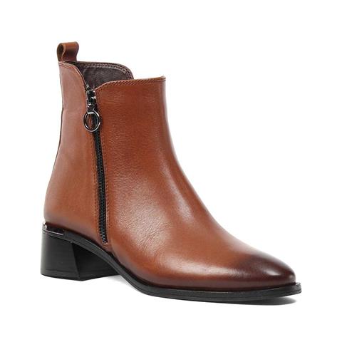 Kadın Taba Çift Fermuarlı Deri Bot