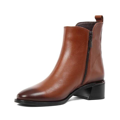 Kadın Taba Çift Fermuarlı Deri Bot