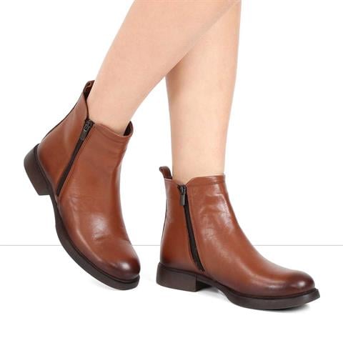 Kadın Taba Çift Fermuarlı Deri Bot