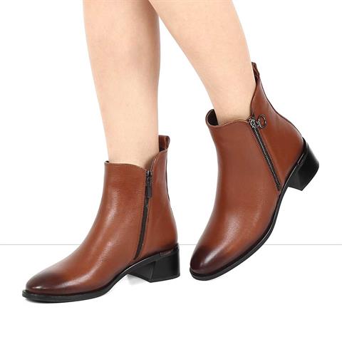 Kadın Taba Çift Fermuarlı Deri Bot