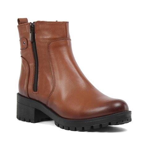 Kadın Taba Çift Fermuarlı Kalın Topuklu Deri Bot