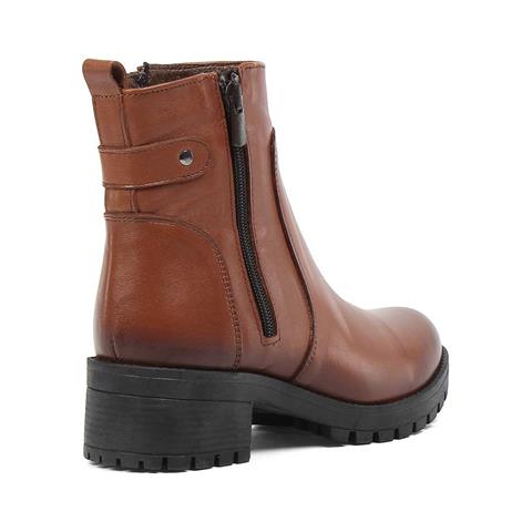 Kadın Taba Çift Fermuarlı Kalın Topuklu Deri Bot