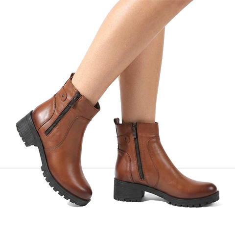 Kadın Taba Çift Fermuarlı Kalın Topuklu Deri Bot