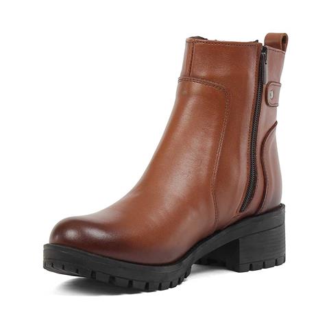 Kadın Taba Çift Fermuarlı Kalın Topuklu Deri Bot