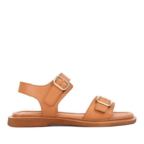 Kadın Taba Çift Tokalı Deri Sandalet