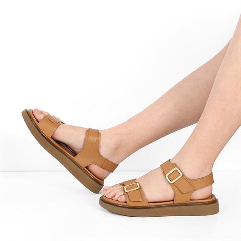 Kadın Taba Çift Tokalı Deri Sandalet