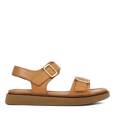 Kadın Taba Çift Tokalı Deri Sandalet