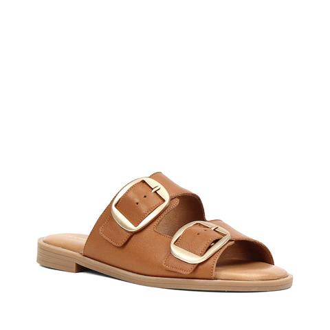 Kadın Taba Çift Tokalı Deri Terlik