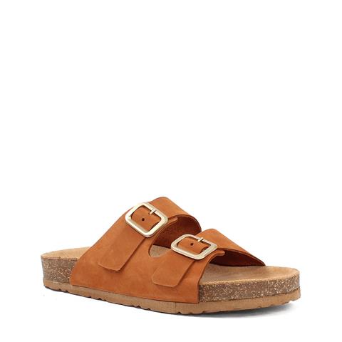 Kadın Taba Çift Tokalı Deri Terlik