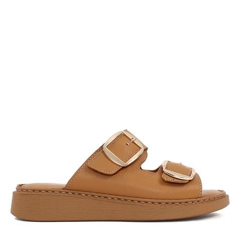 Kadın Taba Çift Tokalı Deri Terlik