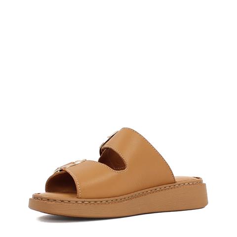 Kadın Taba Çift Tokalı Deri Terlik