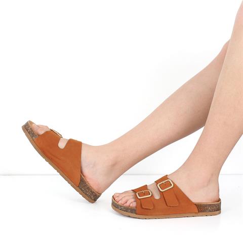 Kadın Taba Çift Tokalı Deri Terlik