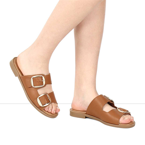 Kadın Taba Çift Tokalı Deri Terlik