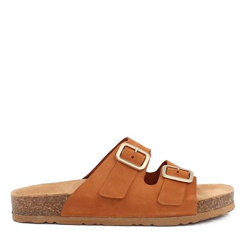 Kadın Taba Çift Tokalı Deri Terlik