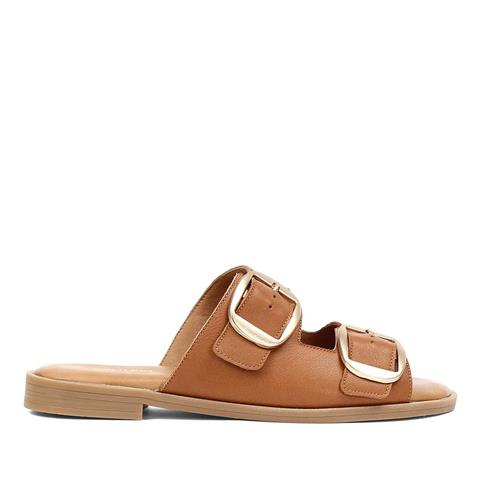 Kadın Taba Çift Tokalı Deri Terlik