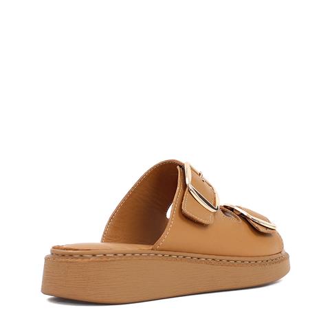 Kadın Taba Çift Tokalı Deri Terlik