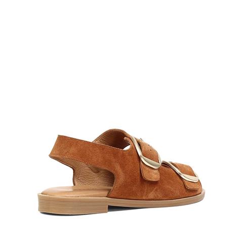 Kadın Taba Çift Tokalı Süet Deri Sandalet