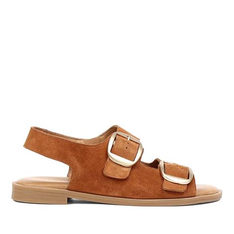 Kadın Taba Çift Tokalı Süet Deri Sandalet