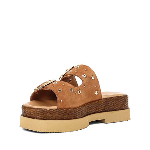 Kadın Taba Çift Tokalı Süet Deri Terlik