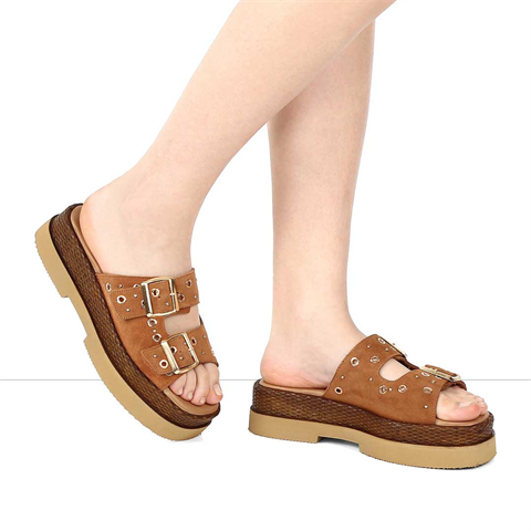 Kadın Taba Çift Tokalı Süet Deri Terlik