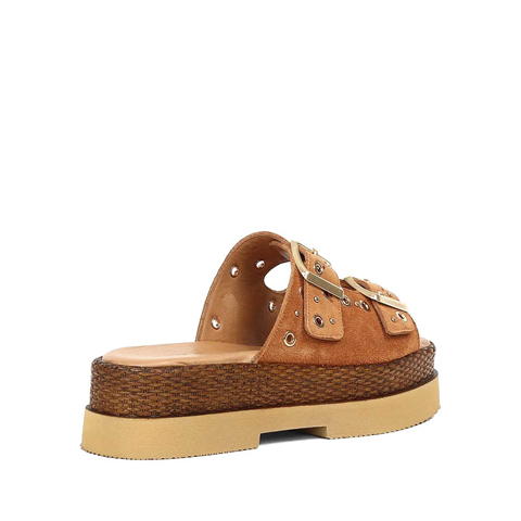 Kadın Taba Çift Tokalı Süet Deri Terlik