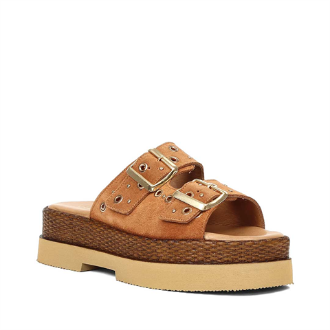 Kadın Taba Çift Tokalı Süet Deri Terlik