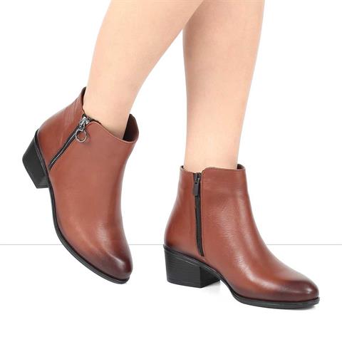 Kadın Taba Fermuarlı Deri Bot