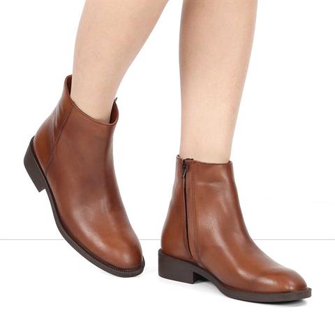 Kadın Taba Fermuarlı Kalın Topuklu Deri Bot