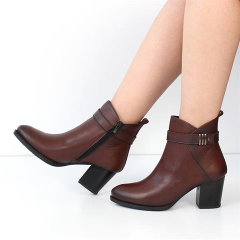Kadın Taba Fermuarlı Kalın Topuklu Deri Bot