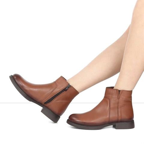 Kadın Taba Fermuarlı Kalın Topuklu Deri Bot
