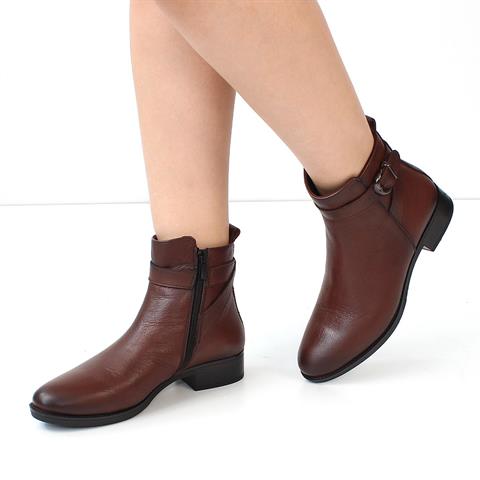 Kadın Taba Fermuarlı Toka Detaylı Deri Bot