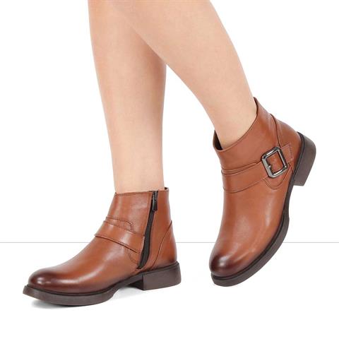 Kadın Taba Fermuarlı Toka Detaylı Deri Bot