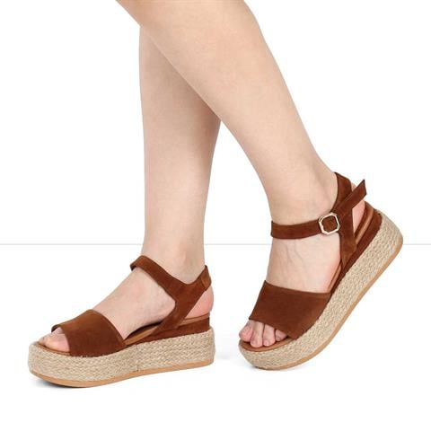 Kadın Taba Hasır Tabanlı Süet Deri Sandalet