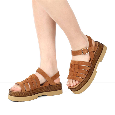 Kadın Taba Kalın Tabanlı Süet Deri Sandalet