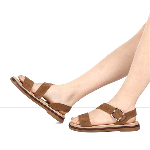 Kadın Taba Kalın Tokalı Süet Deri Sandalet