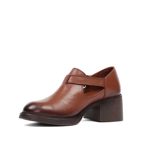 Kadın Taba Kalın Topuklu Deri Klasik Ayakkabı