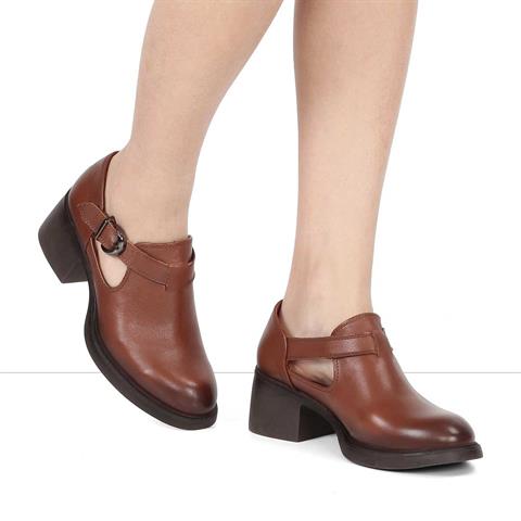 Kadın Taba Kalın Topuklu Deri Klasik Ayakkabı