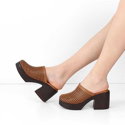 Kadın Taba Kalın Topuklu Deri Terlik