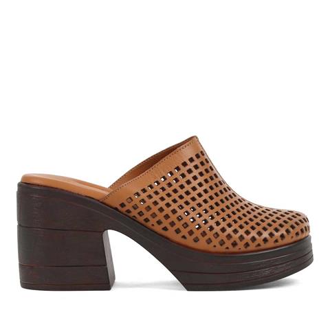 Kadın Taba Kalın Topuklu Deri Terlik