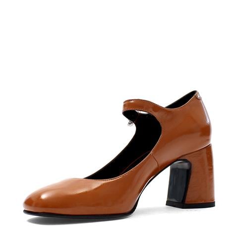 Kadın Taba Kalın Topuklu Rugan Deri Klasik Ayakkabı