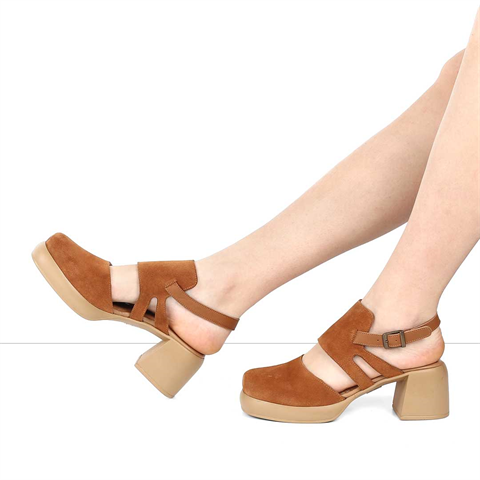 Kadın Taba Kalın Topuklu Süet Deri Sandalet