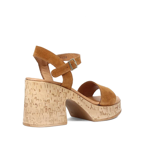 Kadın Taba Kalın Topuklu Süet Deri Sandalet