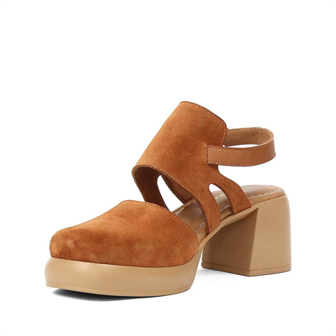Kadın Taba Kalın Topuklu Süet Deri Sandalet