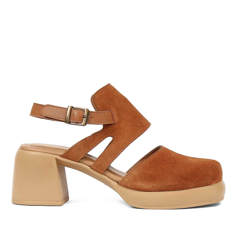 Kadın Taba Kalın Topuklu Süet Deri Sandalet