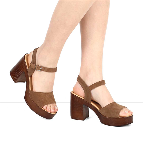 Kadın Taba Kalın Topuklu Süet Deri Sandalet