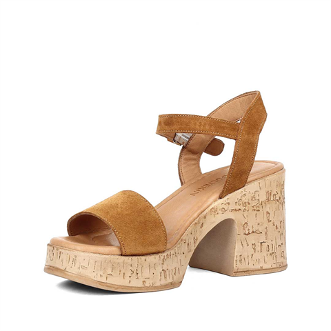 Kadın Taba Kalın Topuklu Süet Deri Sandalet