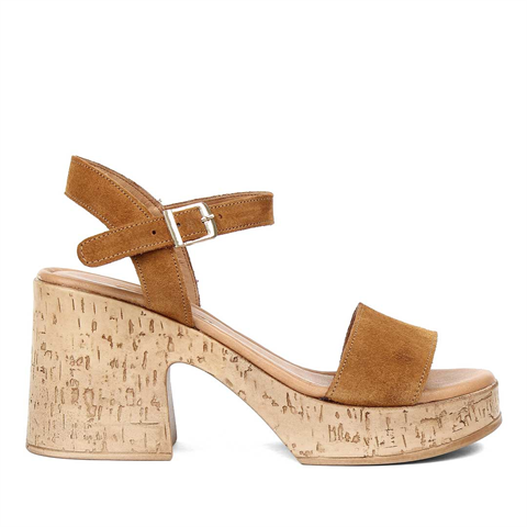 Kadın Taba Kalın Topuklu Süet Deri Sandalet