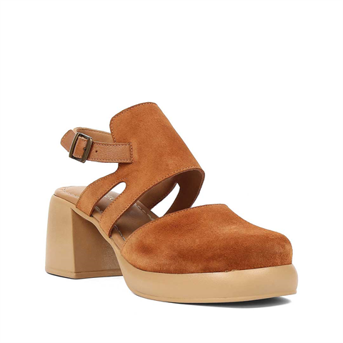 Kadın Taba Kalın Topuklu Süet Deri Sandalet